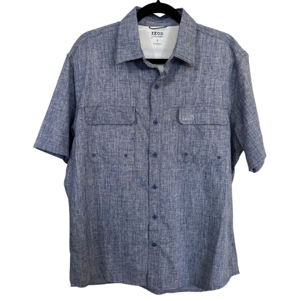 Izod Saltwater Shirt Blue Casual Short Sleeves Vented Button Up Mens Large L